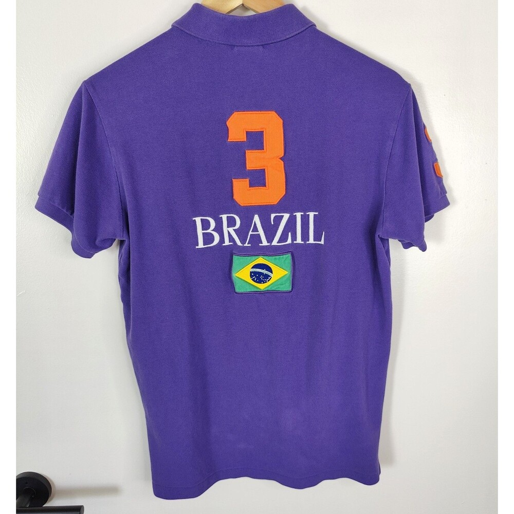 Polo Ralph Lauren Brazil Rugby Polo Shirt Men Medium Purple Big Pony 3 Flag Logo - Picture 2 of 7